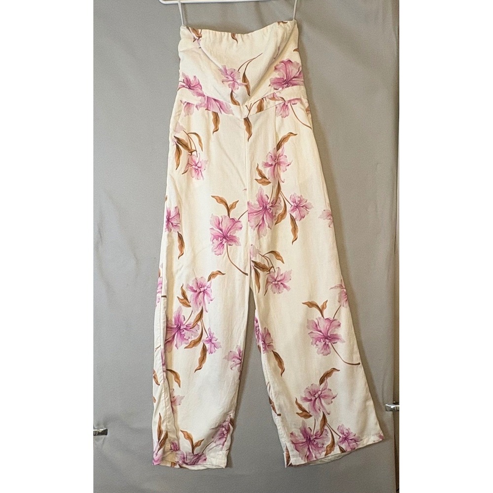 Bardot Floral Strapless Wide Leg Jumpsuit Cream Purple Linen Blend Size 8 Med